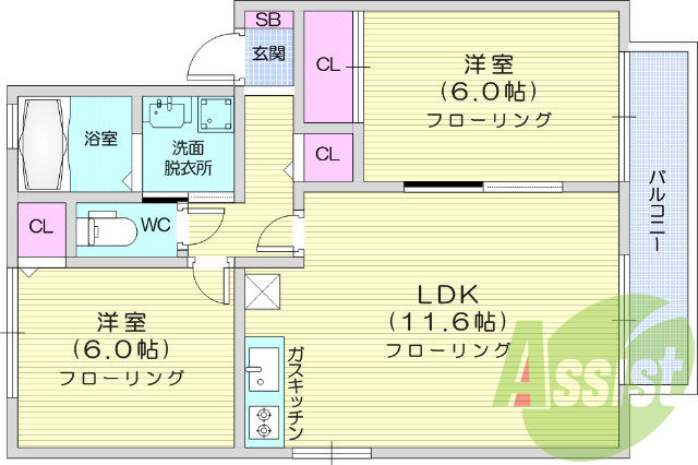 2ＬＤＫ、オールフローリング、システムキッチン、独立洗面