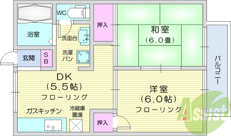 2DK、角部屋、温水洗浄便座、追い焚き、エアコン、独立洗面