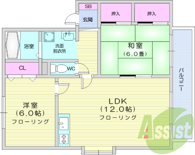 2LDK、追い焚き、独立洗面台、シューズボックス