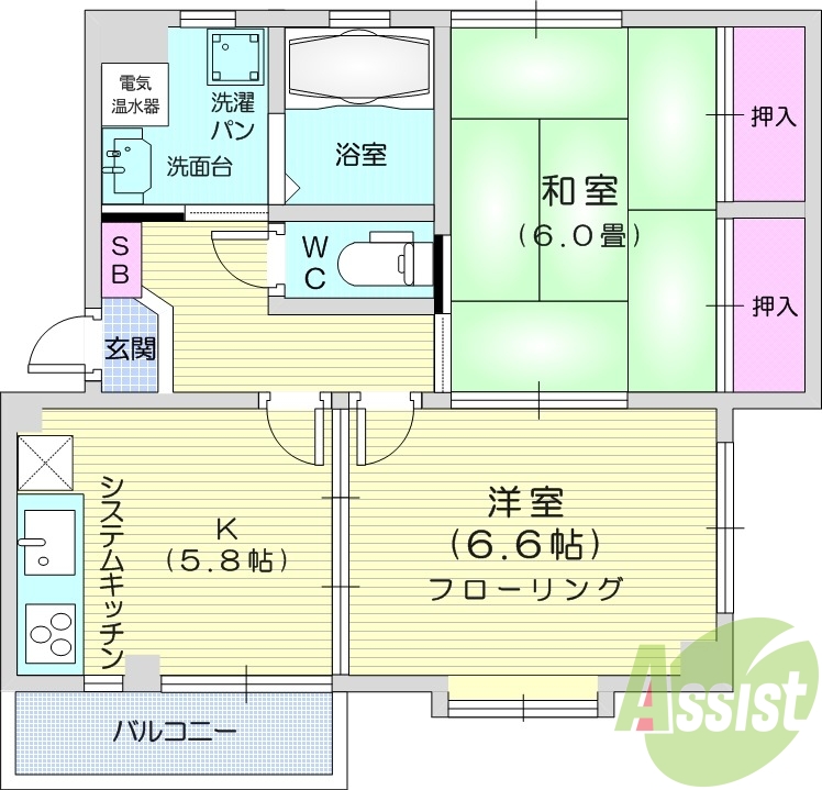 ２K、エアコン、システムキッチン、オール電化