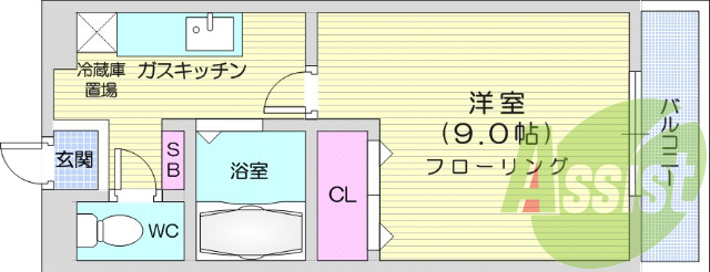 １DK、B・T別、TV付インターホン、エアコン。