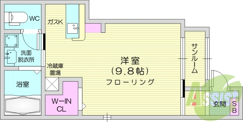 1R、バストイレ別、独立洗面化粧台、ウォークインクローゼット