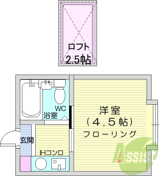 ロフト付き1K、バストイレ同室、IHクッキングヒーター