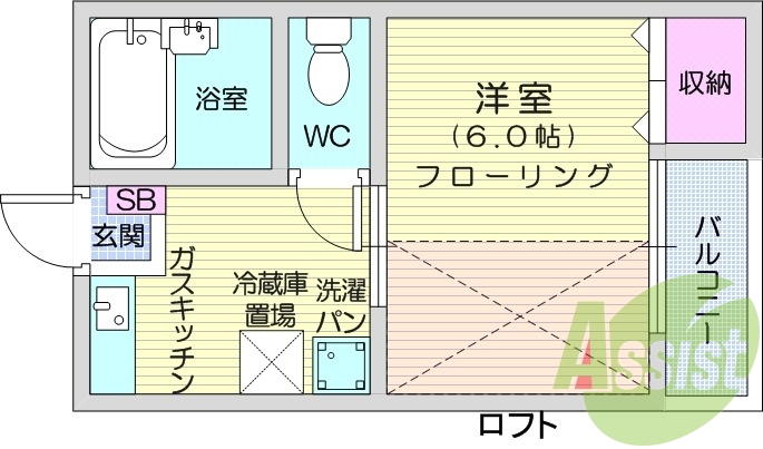 1K、ロフト、ペット可、エアコン、ガス台設置可