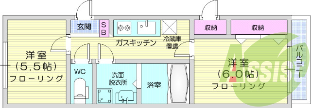 2K、マンション、システムキッチン、ウォシュレット