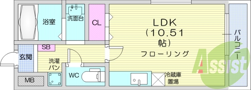 1R、バストイレ別、エアコン、独立洗面台。室内洗濯機置場