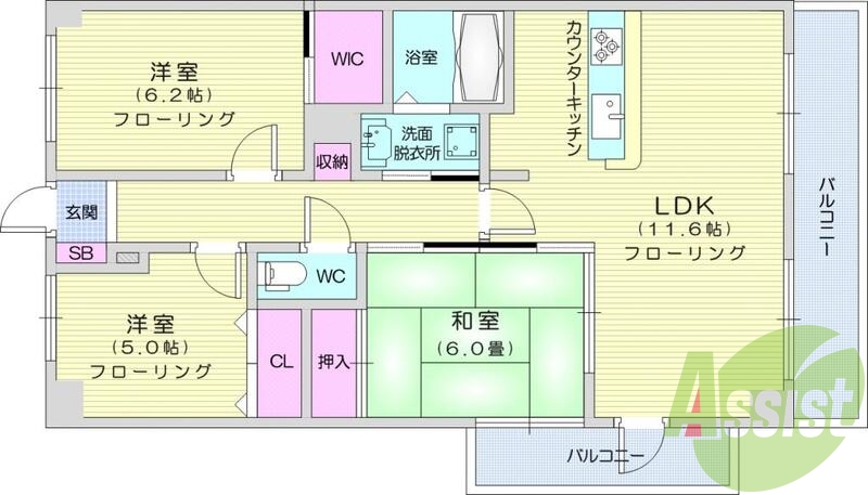３LDK、B・T別、独立洗面台、システムキッチン、バルコニー