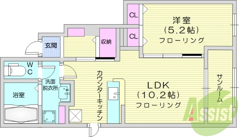 1LDK、ネット無料、浴室乾燥、洗面化粧台