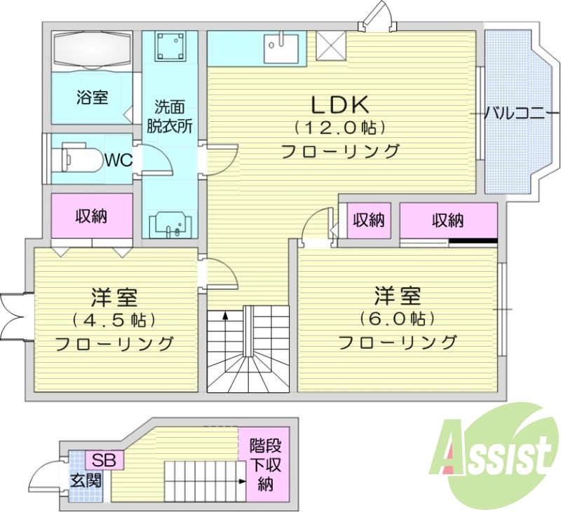 2LDK、独立洗面台、バストイレ別、インターネット無料