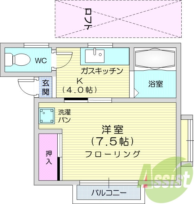 1K、南向き、ロフト、バストイレ別、室内洗濯機置場