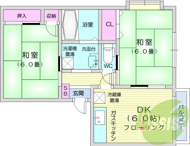 2DK、追い炊き機能、独立洗面台、エアコン