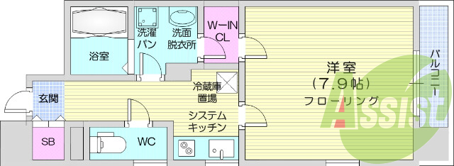 1K、角部屋、バストイレ別、IHコンロのシステムキッチン