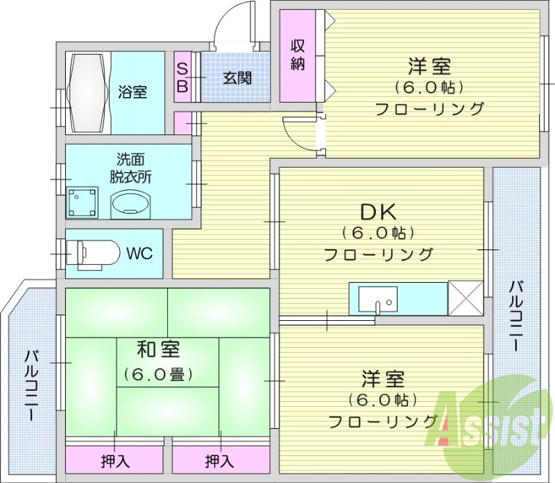 3DK、キッチン、独立洗面台、両面バルコニー