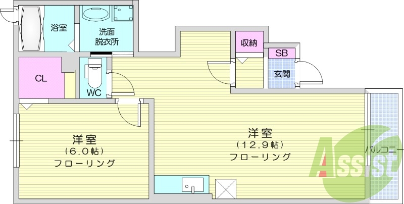 1LDK、ウォークインクローゼット、独立洗面台、キッチン