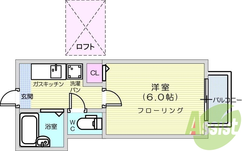 1K、ロフト付き、バストイレ別、照明、エアコン