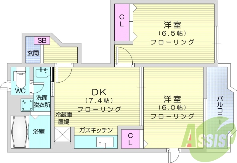 2DK、独立洗面台、追い焚き機能、エアコン