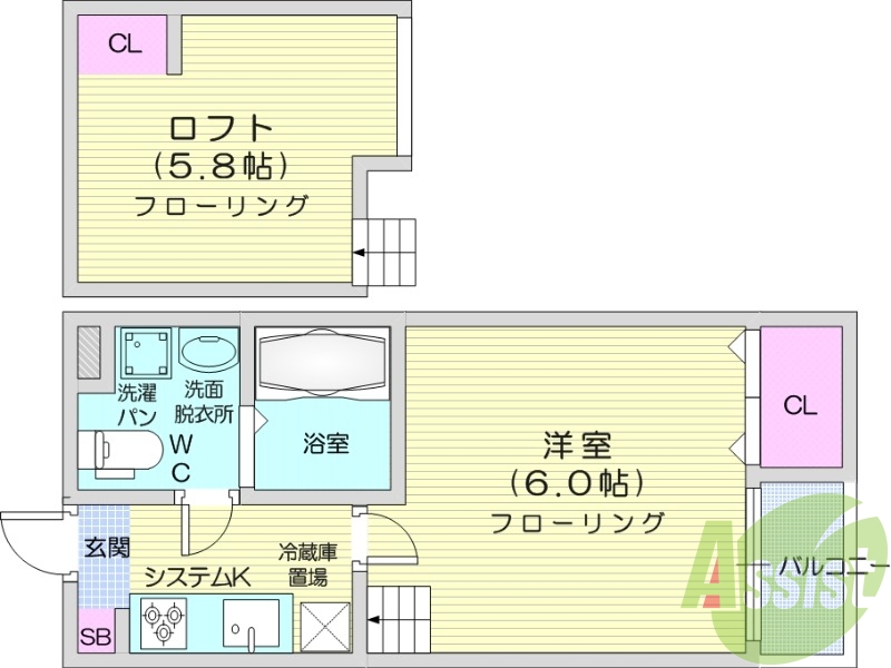 1K、フローリング、ロフト、独立洗面、ネット無料