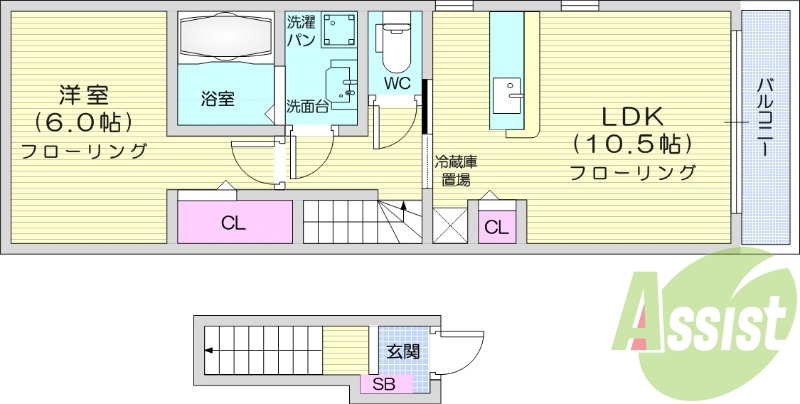 1LDK、追い焚き機能付き浴室、独立洗面化粧台有り