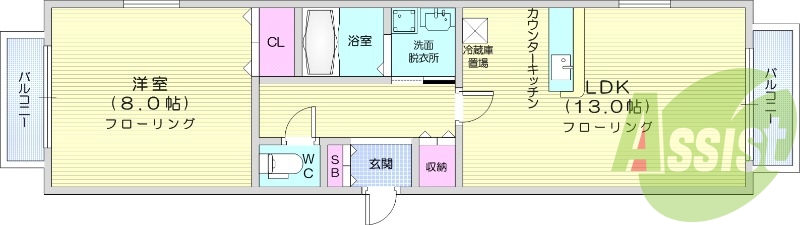 1LDK、バルコニー、バストイレ別、TVモニターホン