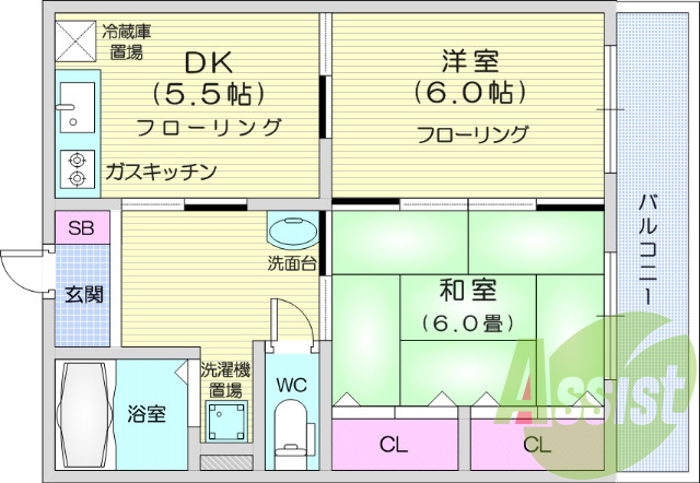 ２DK、洋室、独立洗面台、都市ガス、水道代定額