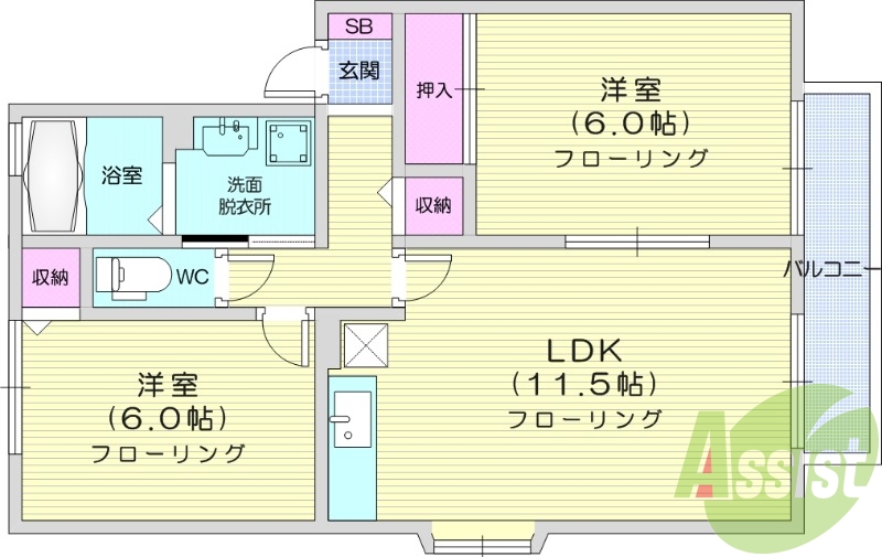 2LDK、エアコン2台、モニター付きインターホン。