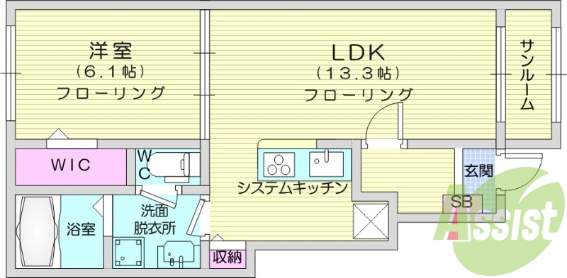 1LDK、防犯カメラ、宅配ボックス、ウォークインクローゼット