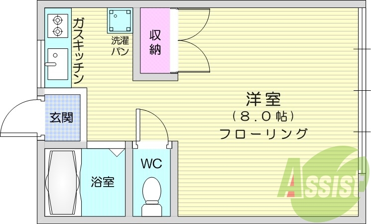 1K、エアコン、フローリング、ガスキッチン