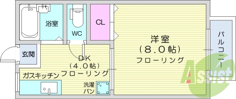 1K、バルコニー、フローリング、風呂トイレ別。