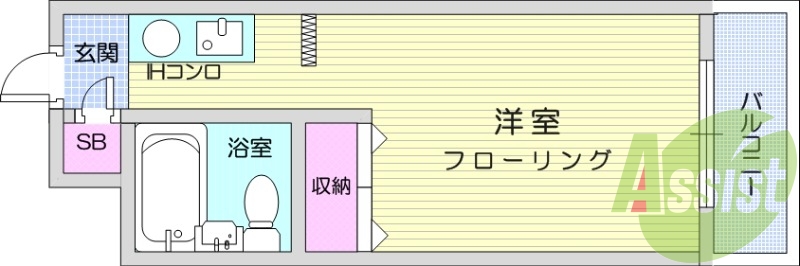 1R、バルコニー、エアコン、都市ガス、フローリング。