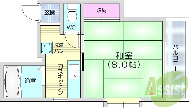 1K、給湯器、バルコニー、エアコン、モニター付きインターホン