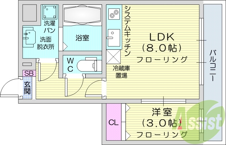 1LDK、フローリング、エアコン、オートロック