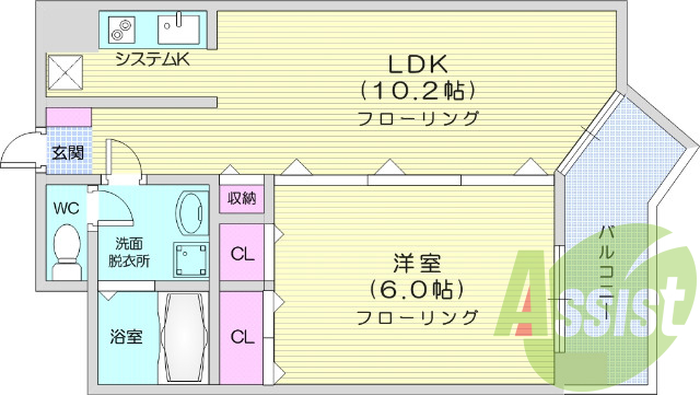 1LDK、バストイレ別、温水洗浄便座、エアコン付き