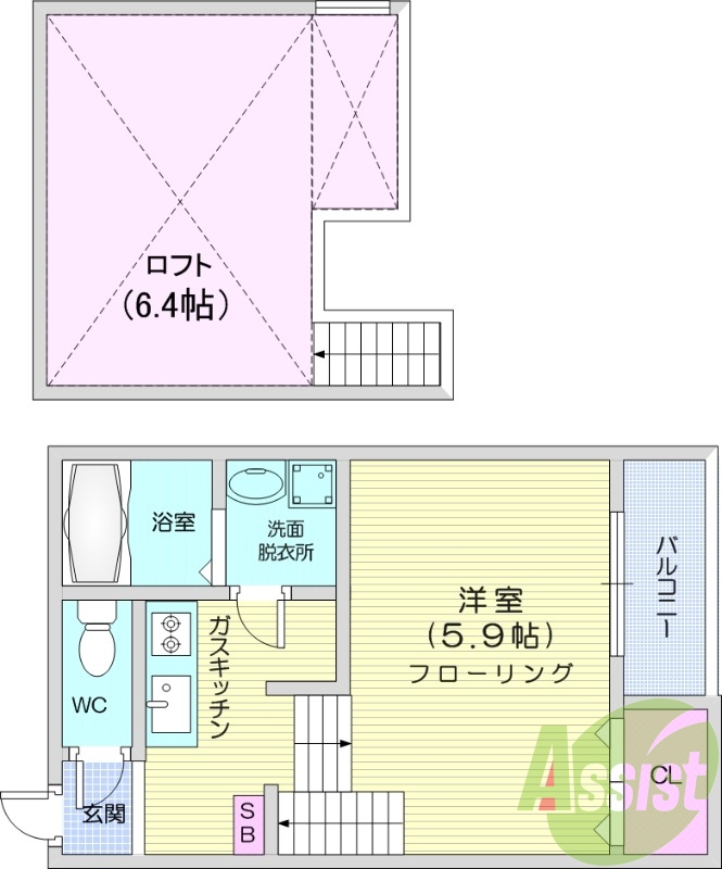 1K、ロフト、シーリングファン、バルコニー。