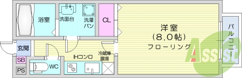 1K、クローゼット、バルコニー、脱衣所、バストイレ別