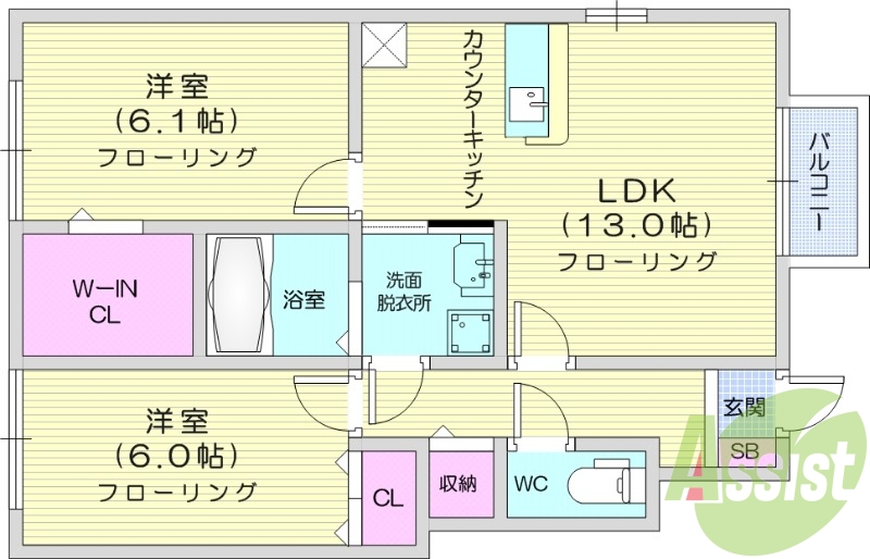 2LDK、独立洗面化粧台、ウォークインクローゼット