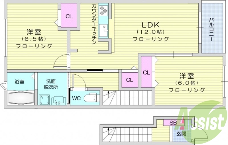 2LDK、エアコン、温水洗浄便座、洗面所独立