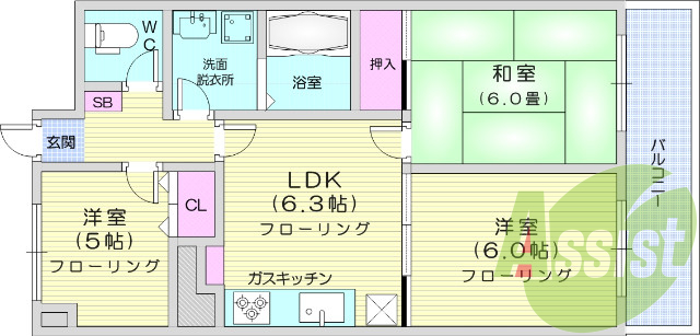 3LDK、バストイレ別、システムキッチン、エアコン