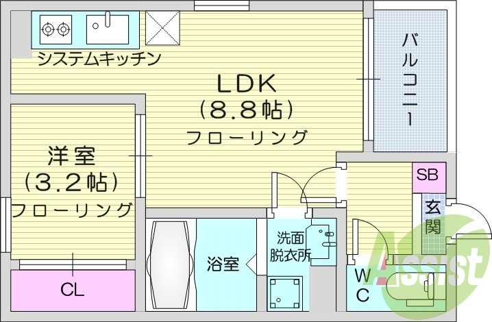 1LDK、エアコン、バストイレ別、プロパン