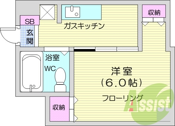 1K、収納スペースあり。