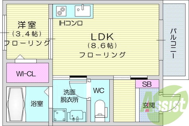 1LDK、エアコン、バルコニー、室内洗濯機置場