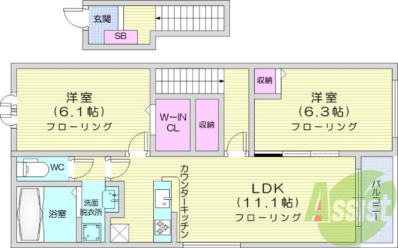 ２LDK、ウォークインクローゼット、エアコン２基