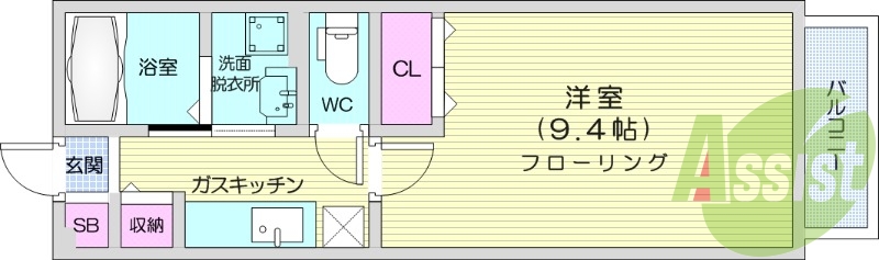 1K、エアコン、浴室乾燥機、TV付きインターホン。