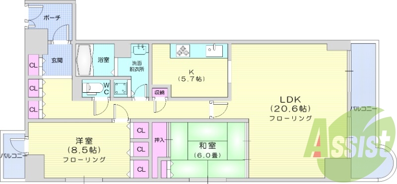 ２LDＫ，フローリング、エアコン、バルコニー