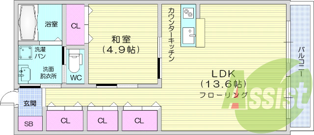 1LDK、バストイレ別、室内洗濯機置き場