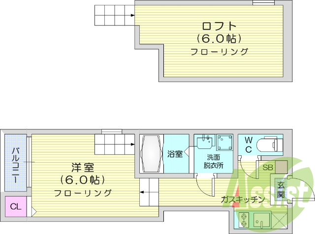 1K、ロフト付き、浴室乾燥機、光ファイバー、シーリングファン