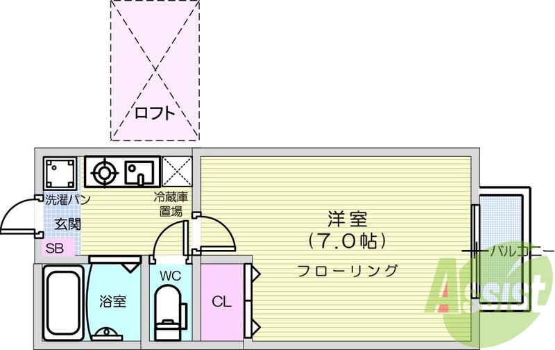 1Ｋ、バストイレ別、都市ガス、フローリング、エアコン