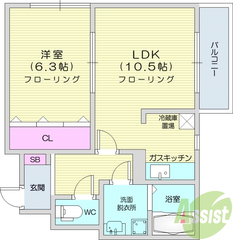 １LDK、追焚き、洗髪洗面化粧台、バルコニー、エアコン。