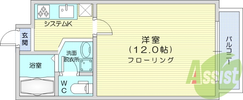 1K、バルコニー、システムキッチン、バストイレ別