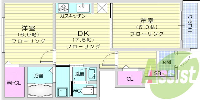 2DK、フローリング、エアコン、バストイレ別
