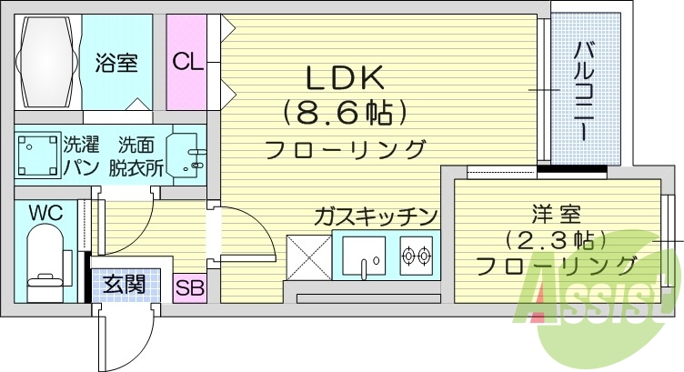 1LDK、オートロック、システムキッチン、浴室乾燥機付き